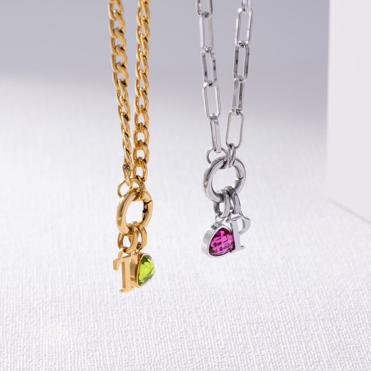 Losse letter & geboortesteen schakelketting zilver