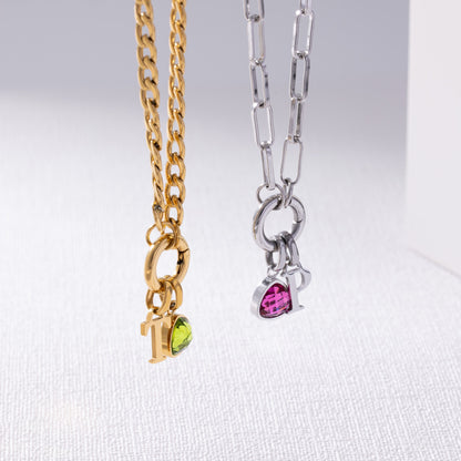 Losse letter & geboortesteen schakelketting zilver