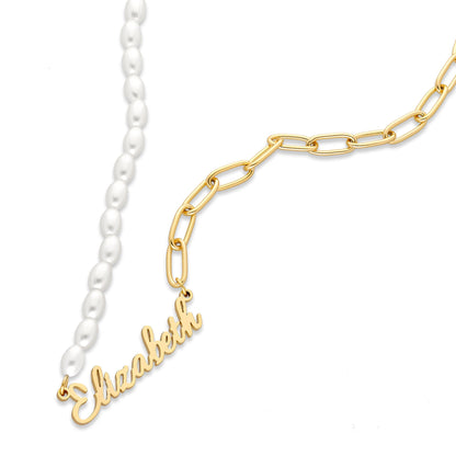 Pearl link name necklace gold - Personalized