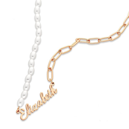 Pearl link name necklace rosé gold - Personalized