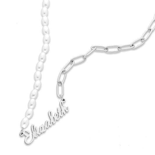 Pearl link name necklace silver - Personalized