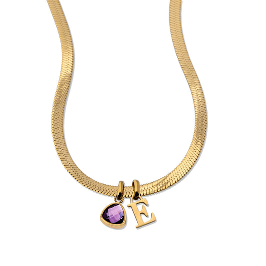 Letter & geboortesteen slangenketting goud