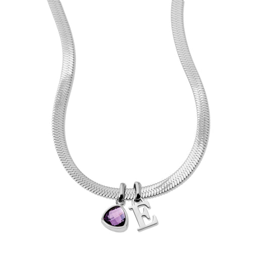 Letter & geboortesteen slangenketting zilver